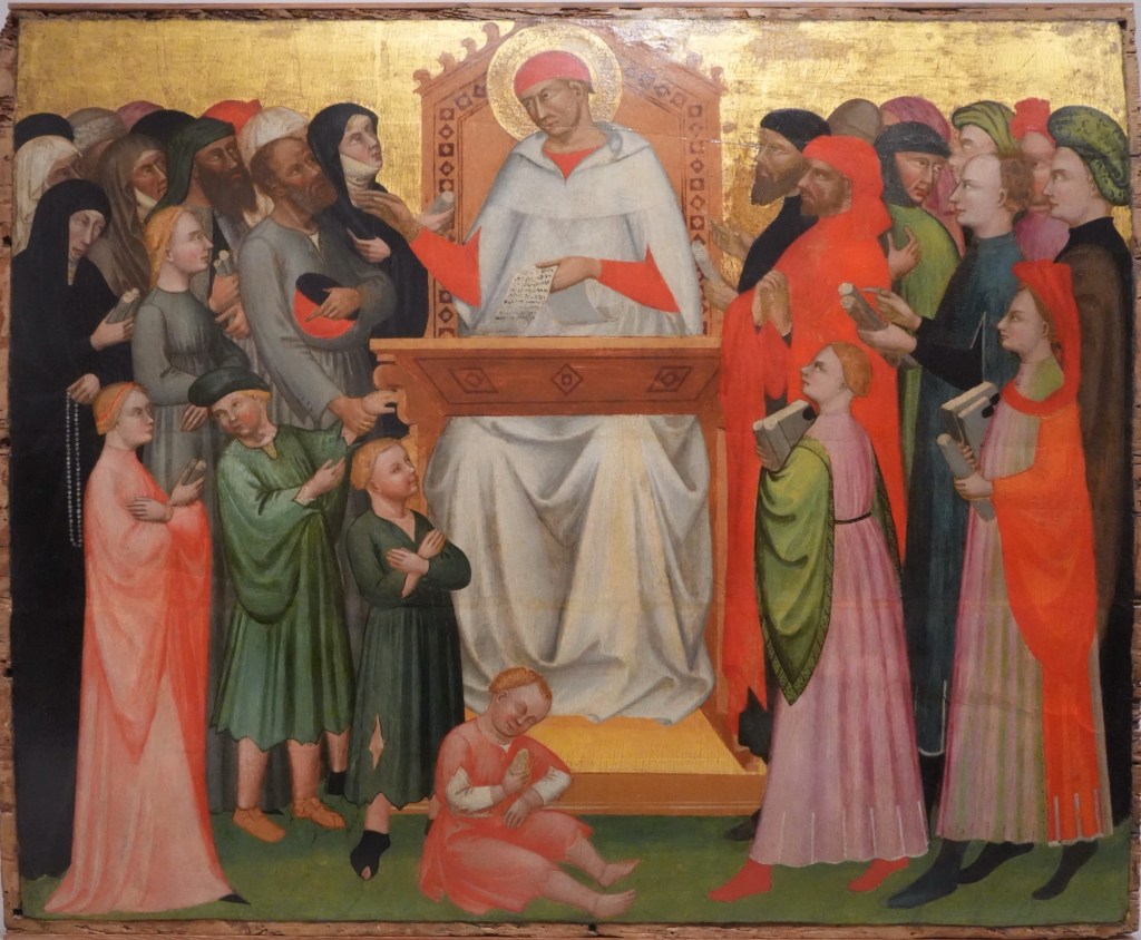 A vibrant, multi-panel early Renaissance painting from the Uffizi Gallery in Florence, Italy, depicting a group of religious figures. The painting's composition is centered on the central figure of St Yves, whose gaze is directed toward the right, where the poor and destitute stand, rather than the left where the rich townsfolk stand.
